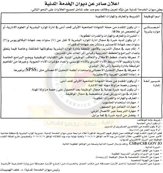 اعلان توظيف صادر عن ديوان الخدمة المدنية - تفاصيل