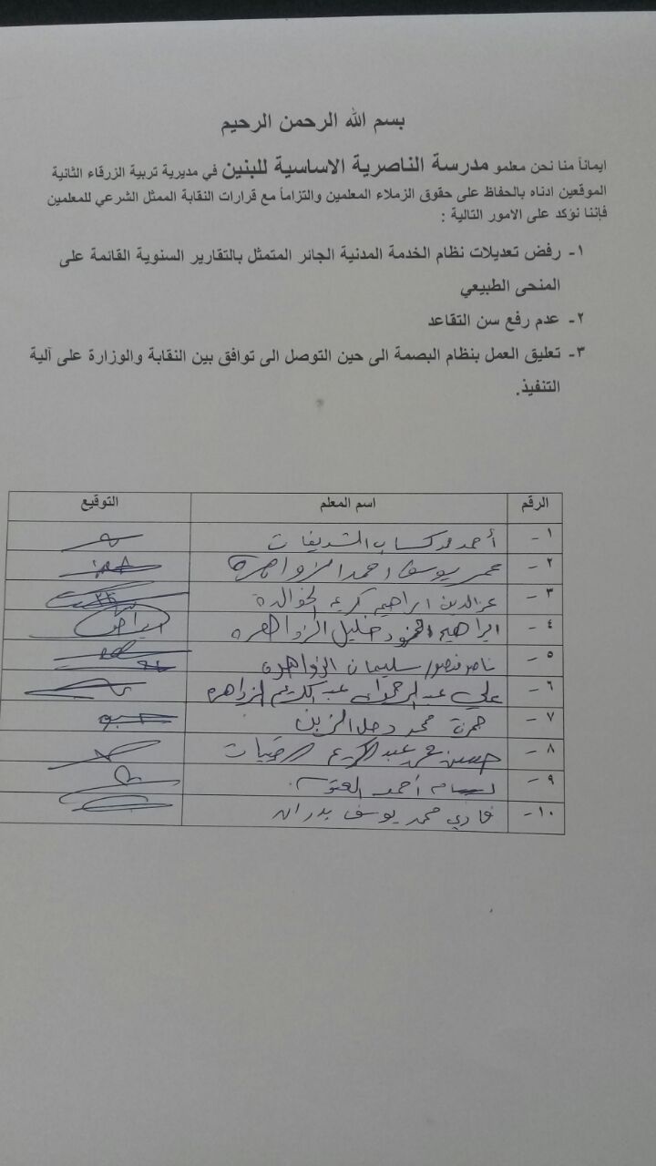 الزرقاء: مئات المعلمين يحتجون على تعديلات الخدمة المدنية ونظام البصمة والعبث بأموال الضمان - اسماء