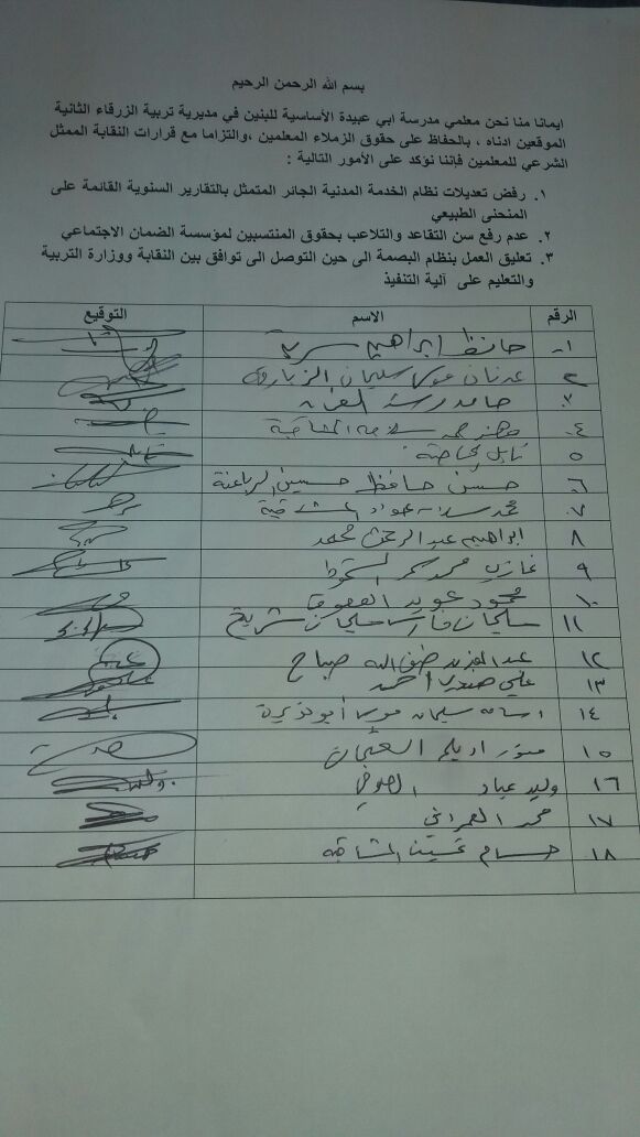 الزرقاء: مئات المعلمين يحتجون على تعديلات الخدمة المدنية ونظام البصمة والعبث بأموال الضمان - اسماء