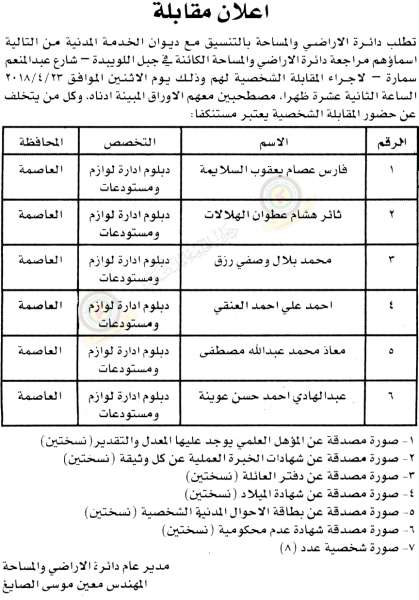 مدعوون لمقابلات شخصية في دائرة الاراضي والمساحة  - أسماء