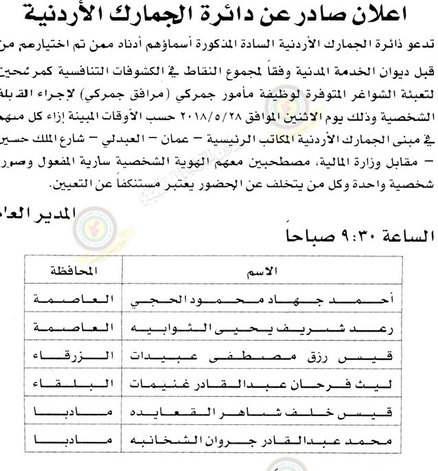 مدعوون للتعيين في الجمارك  - اسماء