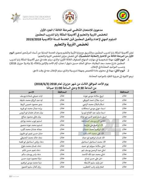 مدعوون للامتحان التّنافسي للمرحلة الثالثة  الجزء الاول لدبلوم إعداد وتأهيل المعلمين - أسماء