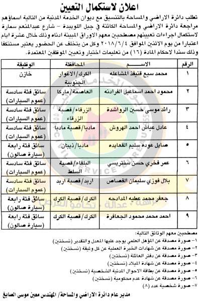 اعلان صادر عن ديوان الخدمة المدنية لتعيين موظفين - أسماء