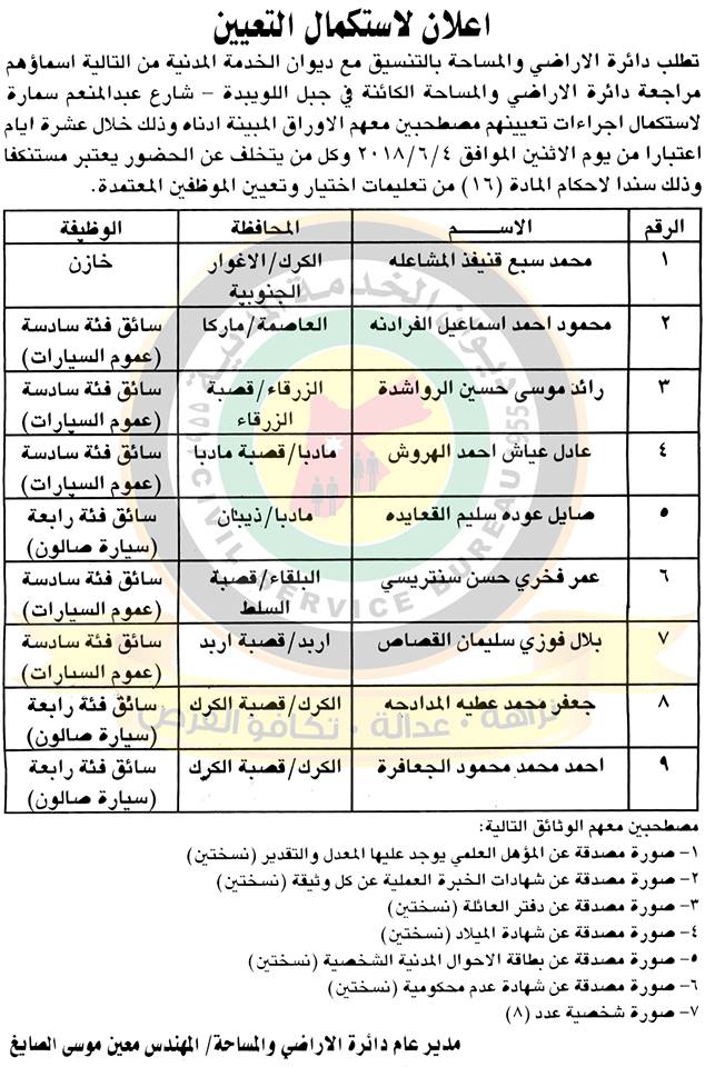 اعلان صادر عن ديوان الخدمة المدنية لتعيين موظفين - أسماء