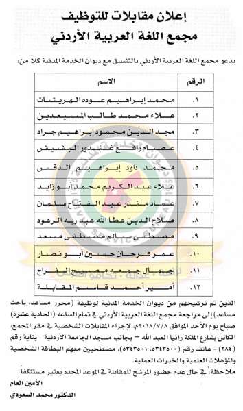 اعلان صادر عن ديوان الخدمة المدنية لتعيين موظفين - أسماء