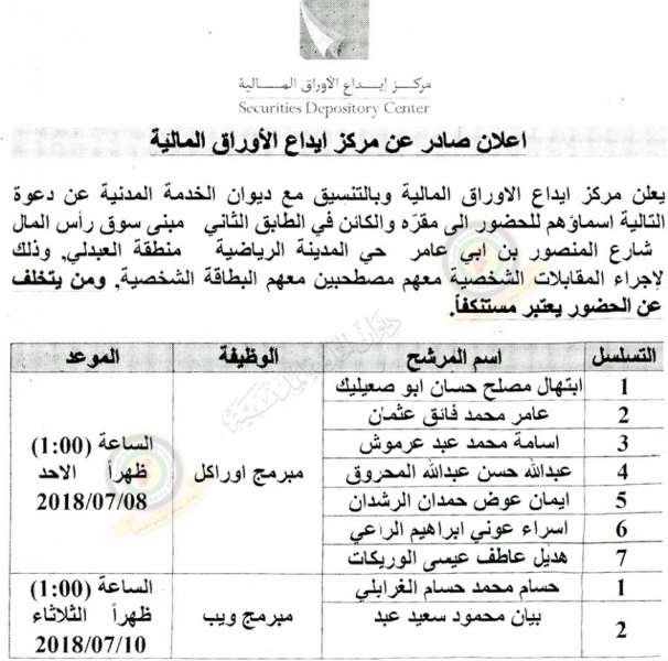 اعلان صادر عن ديوان الخدمة المدنية لتعيين موظفين - أسماء