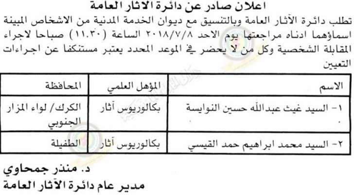 اعلان صادر عن ديوان الخدمة المدنية لتعيين موظفين - أسماء