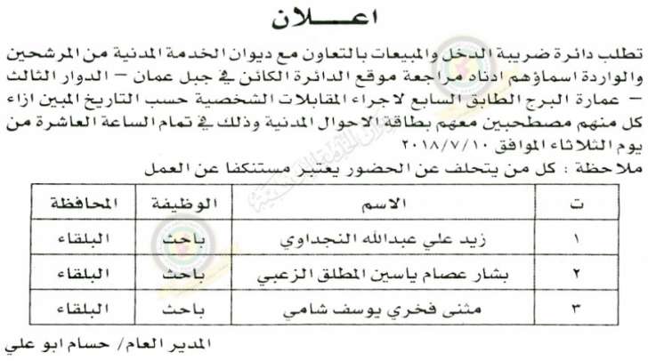 اعلان صادر عن ديوان الخدمة المدنية لتعيين موظفين - أسماء