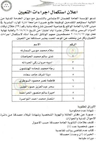 اعلان صادر عن ديوان الخدمة المدنية لتعيين موظفين - أسماء