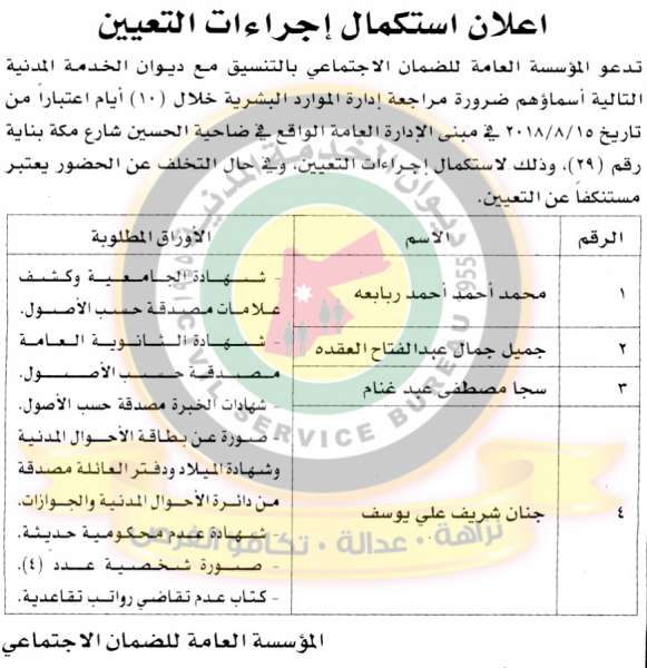 اعلان هام صادر عن ديوان الخدمة المدنية لتعيين موظفين - أسماء