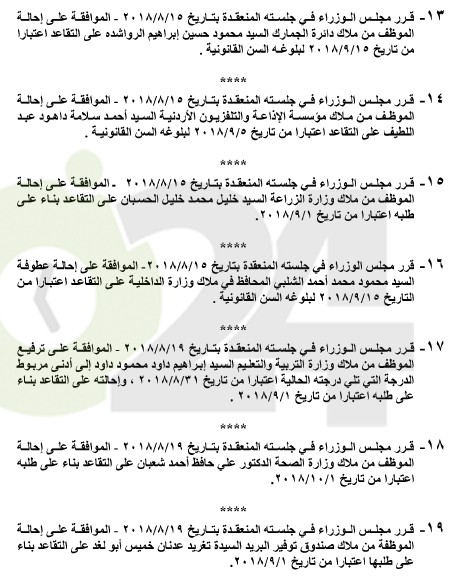 احالات الى التقاعد في التربية وانهاء خدمات لموظفين في مختلف الوزارات(اسماء)