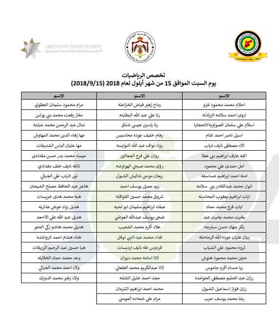 مدعوون للامتحان التنافسي لأكاديمية الملكة رانيا - للمتغيبين والذين لم يجتازوا امتحان الكفاية - اسماء