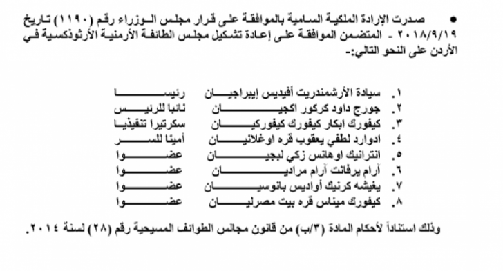 اعادة تشكيل مجلس الطائفة الارمنية الارثذوكسية  - اسماء 