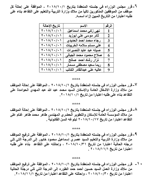 احالات الى التقاعد في التربية وانهاء خدمات لموظفين في مختلف الوزارات - اسماء