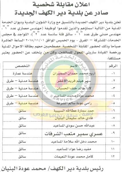 اعلان هام صادر عن ديوان الخدمة المدنية لتعيين موظفين - أسماء