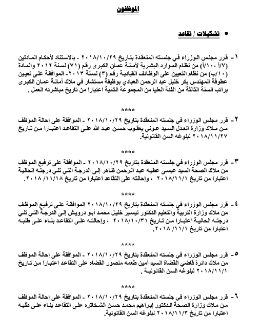 احالات الى التقاعد في التربية وانهاء خدمات لموظفين في مختلف الوزارات - اسماء