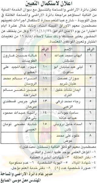 اعلان هام صادر عن ديوان الخدمة المدنية لتعيين موظفين - أسماء