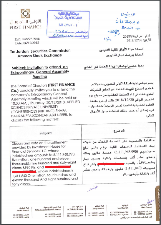 الشركة الأولى للتمويل.. مديونية شخص واحد نحو مليون ونصف دينار - وثيقة