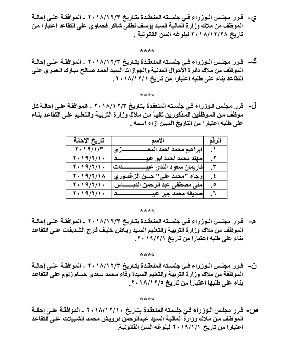 احالات الى التقاعد في التربية وانهاء خدمات لموظفين في مختلف الوزارات - اسماء