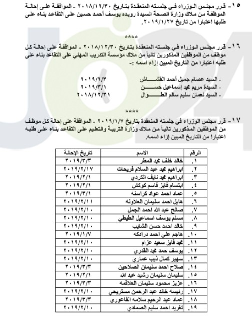 احالات الى التقاعد في التربية وانهاء خدمات لموظفين في مختلف الوزارات - اسماء