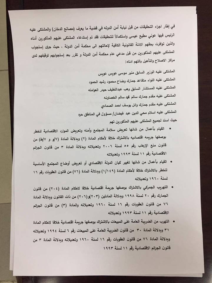 توقيف الوزير السابق عويس ووضاح الحمود والعواملة وغيضان وضابطين من الجمارك بقضية الدخان