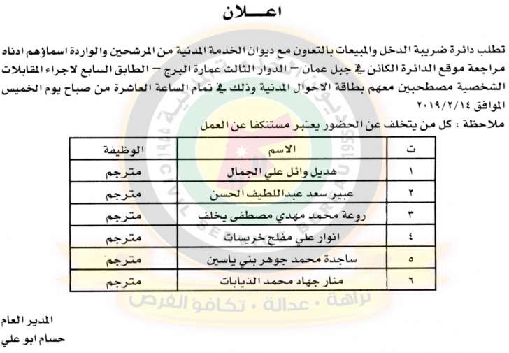 اعلان هام صادر عن ديوان الخدمة المدنية لتعيين موظفين