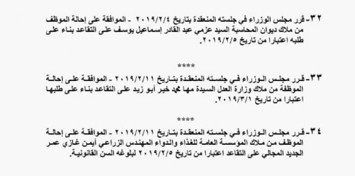 احالات الى التقاعد في التربية وانهاء خدمات لموظفين في مختلف الوزارات - اسماء