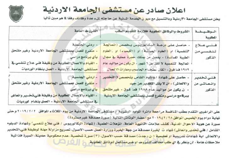 اعلان عن توفر وظائف شاغرة صادر عن مستشفى الجامعة الاردنية  - تفاصيل