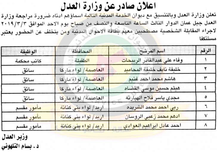 مدعوون لمقابلات شخصية في وزارة العدل - اسماء