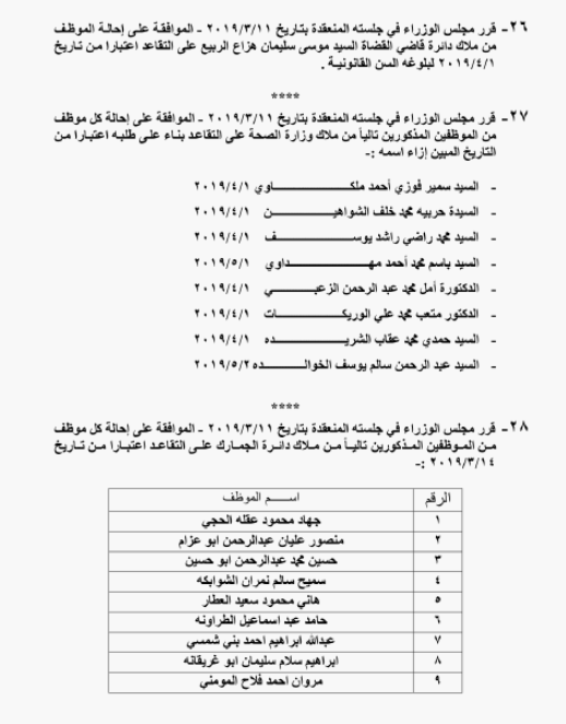 احالات على التقاعد في التربية وانهاء خدمات لموظفين في مختلف الوزارات - اسماء