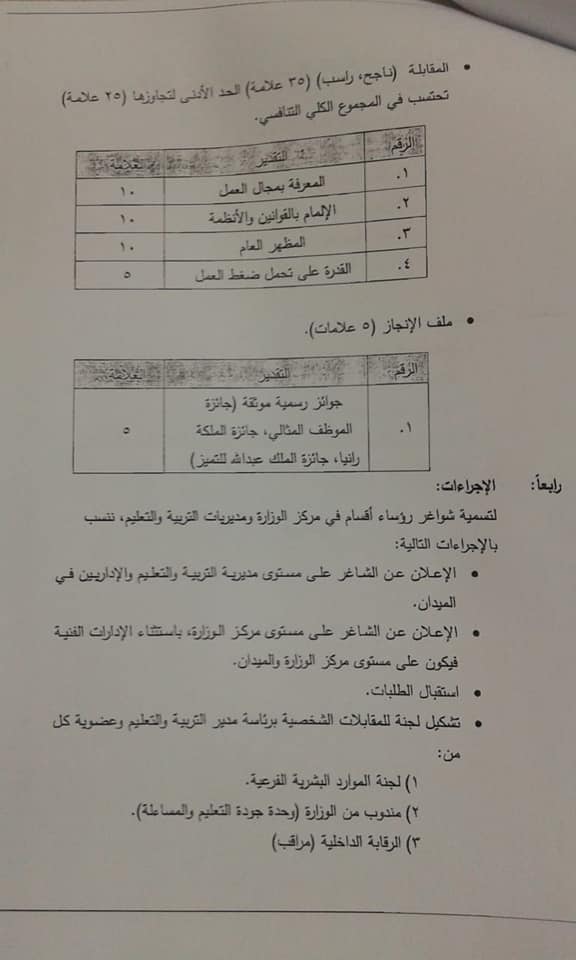 وزارة التربية والتعليم تعلن عن شواغر رؤساء الأقسام - تفاصيل