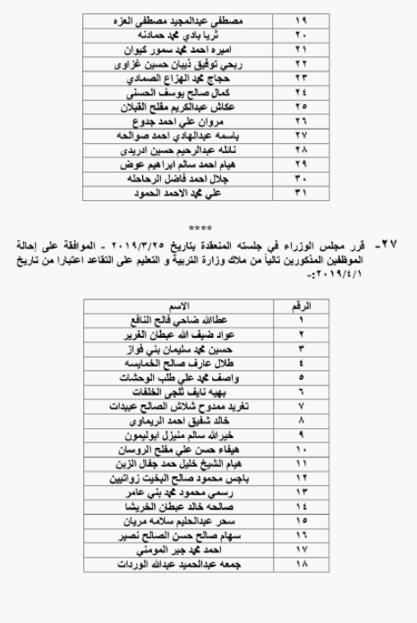 احالات على التقاعد في التربية وانهاء خدمات لموظفين في مختلف الوزارات - اسماء