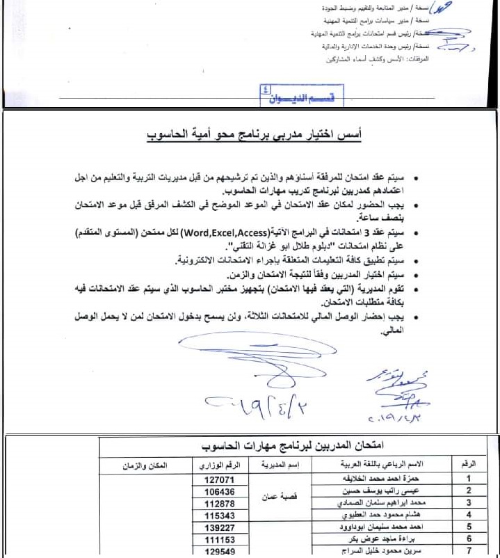 امتحان المدربين على برنامج محو امية الحاسوب… الأسماء