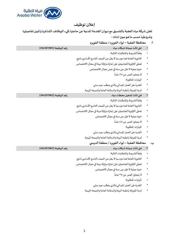 إعلان توظيف صادر عن شركة مياه العقبة - تفاصيل