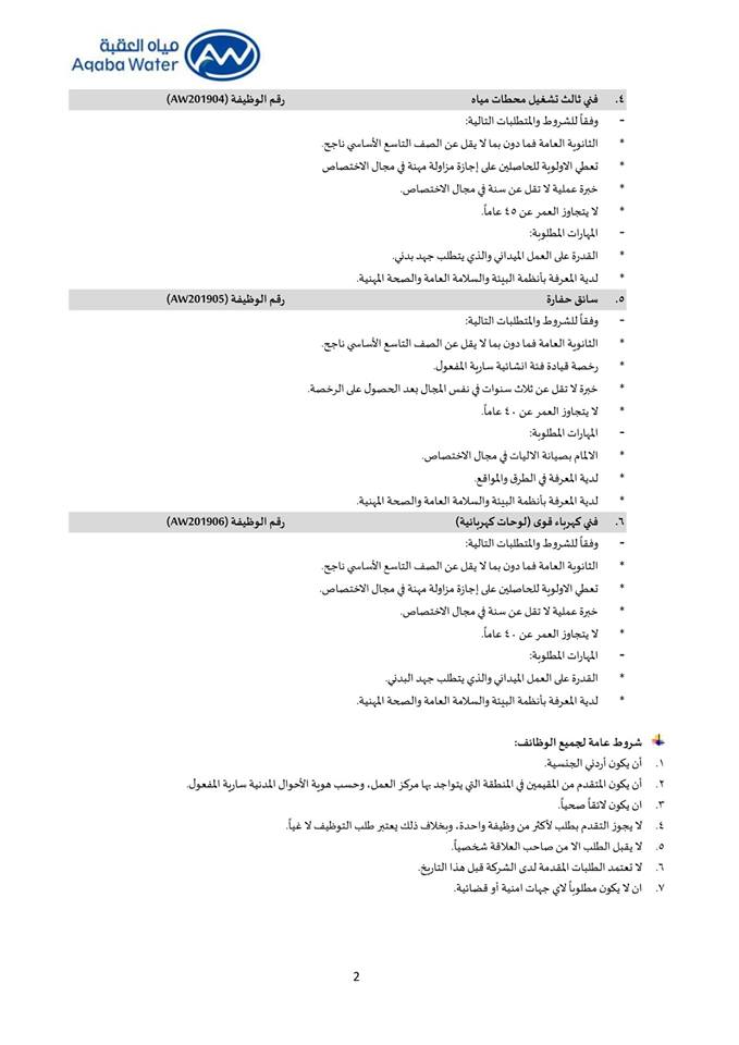 إعلان توظيف صادر عن شركة مياه العقبة - تفاصيل