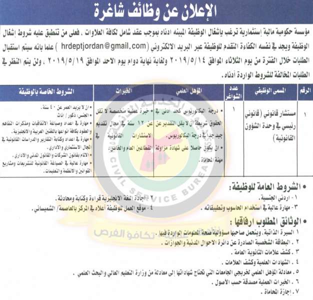 توفر وظيفة مستشار قانوني لدى مؤسسة حكومية مالية.. ومدعوون للتعيين في الصناعة والتجارة والمؤسسة الاستهلاكية - تفاصيل واسماء