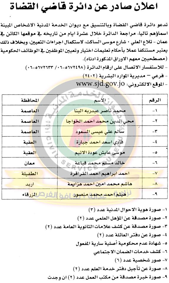 اعلان هام صادر عن ديوان الخدمة المدنية لتعيين موظفين - أسماء