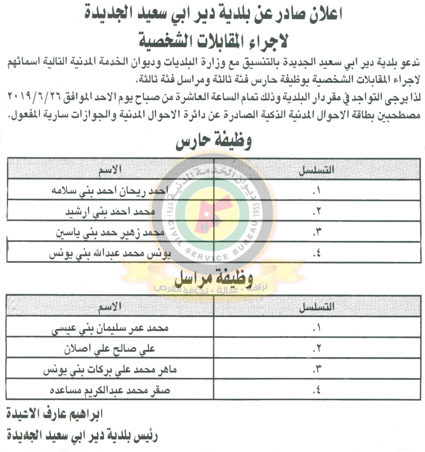 اعلان هام صادر عن ديوان الخدمة المدنية لتعيين - أسماء