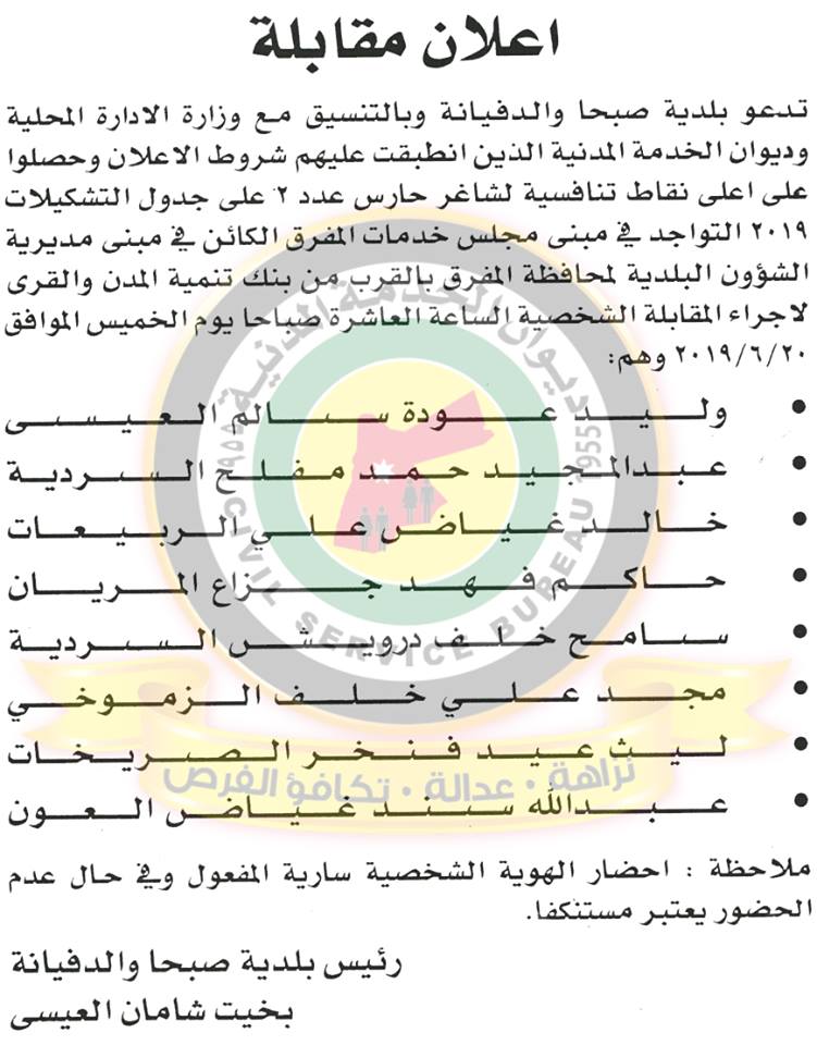 دعوة مرشحين للتعيين للمقابلات الشخصية ..اسماء