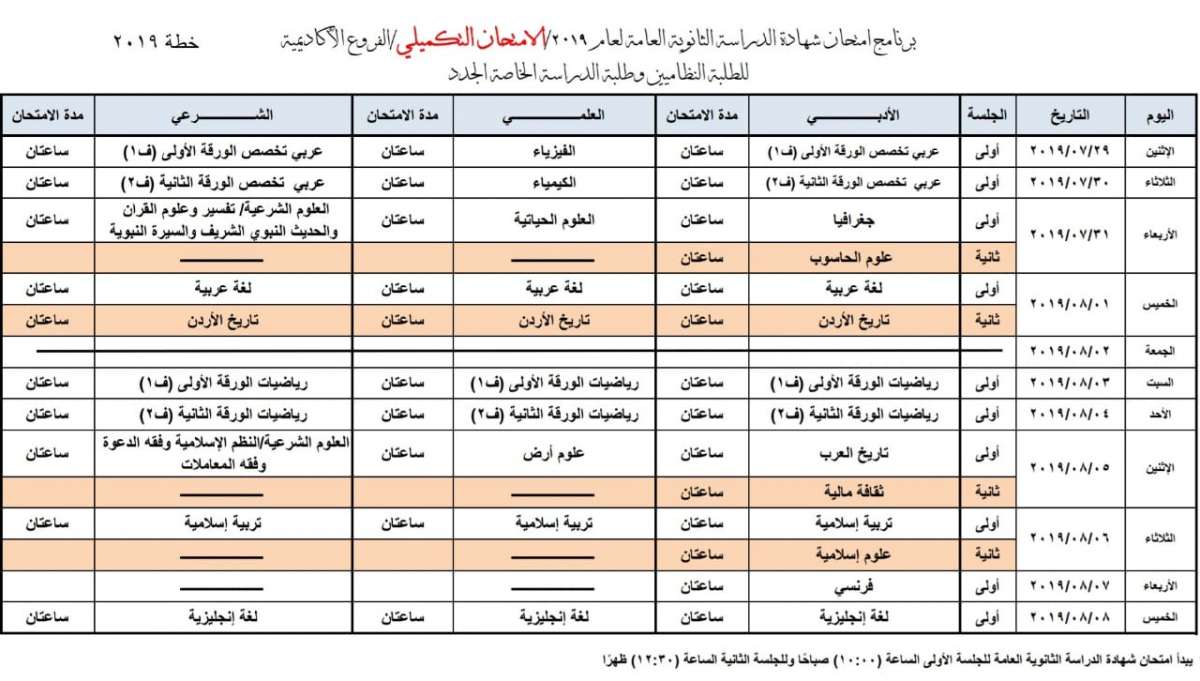 التربية تعلن برنامج امتحان الدورة التكميلية لشهادة الثانوية العامة / التوجيهي - تفاصيل