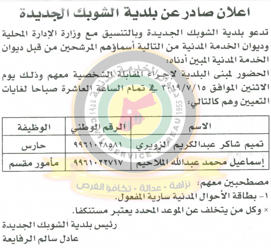 اعلان هام صادر عن ديوان الخدمة المدنية لتعيين موظفين - أسماء