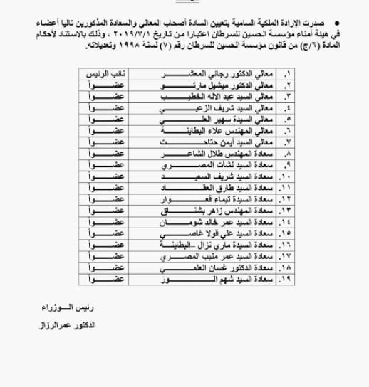 المعشر والخطيب والعلي وحتاحت امناء هيئة مؤسسة الحسين للسرطان .. اسماء