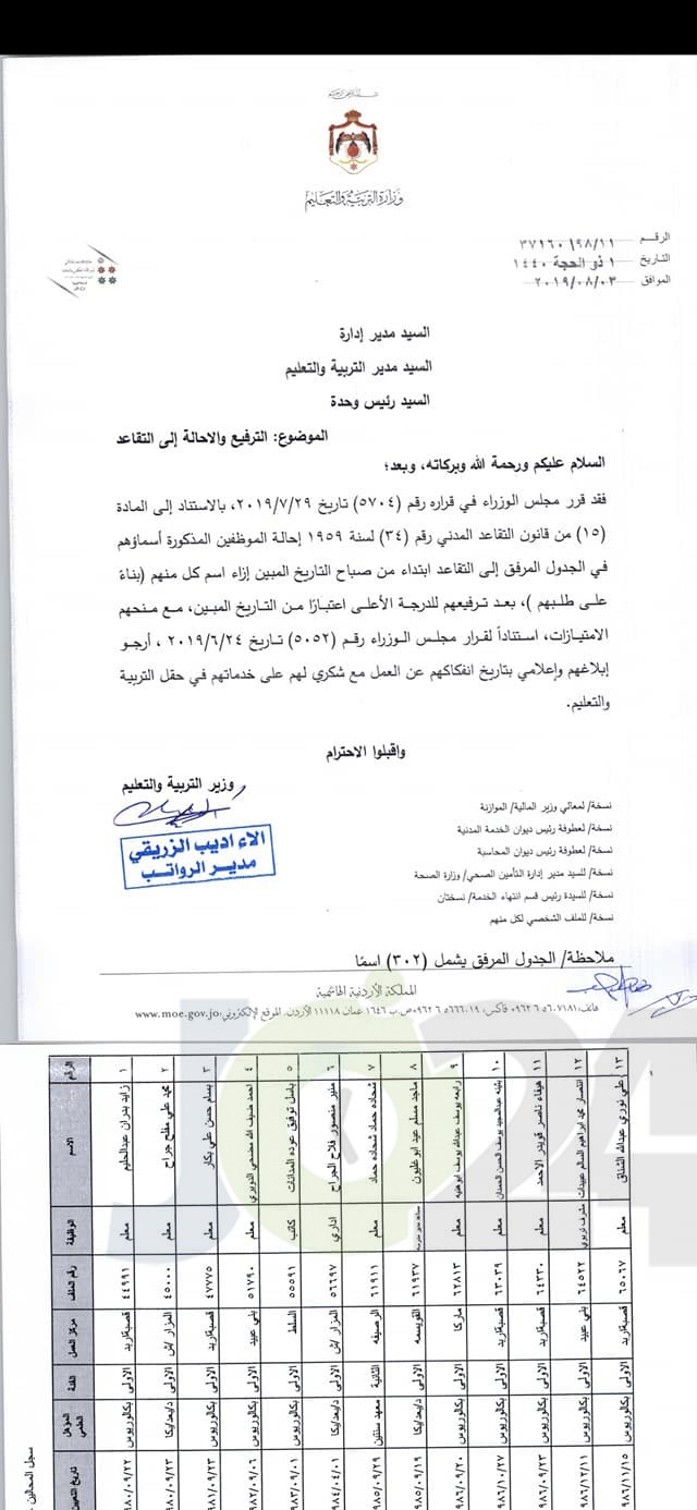 ترفيع معلمين واداريين واحالتهم إلى التقاعد - اسماء