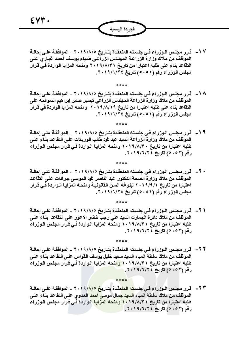 احالات الى التقاعد وانهاء خدمات لموظفين في مختلف الوزارات - اسماء