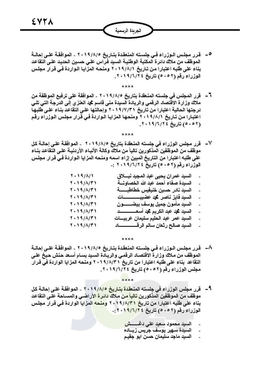 احالات الى التقاعد وانهاء خدمات لموظفين في مختلف الوزارات - اسماء