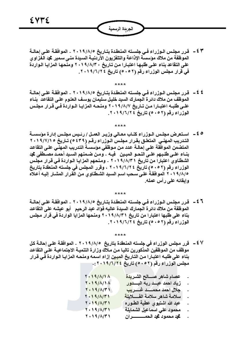 احالات الى التقاعد وانهاء خدمات لموظفين في مختلف الوزارات - اسماء