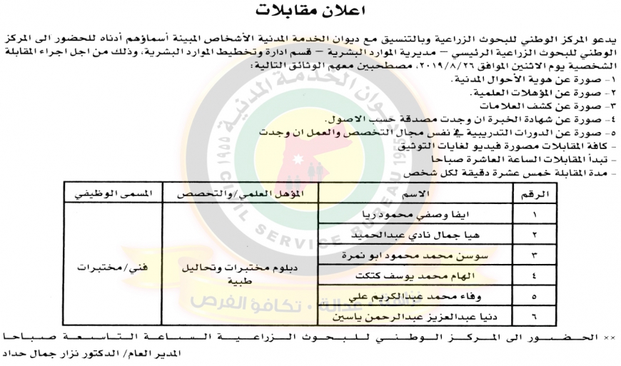 اعلان صادر عن ديوان الخدمة المدنية للمقابلات - أسماء