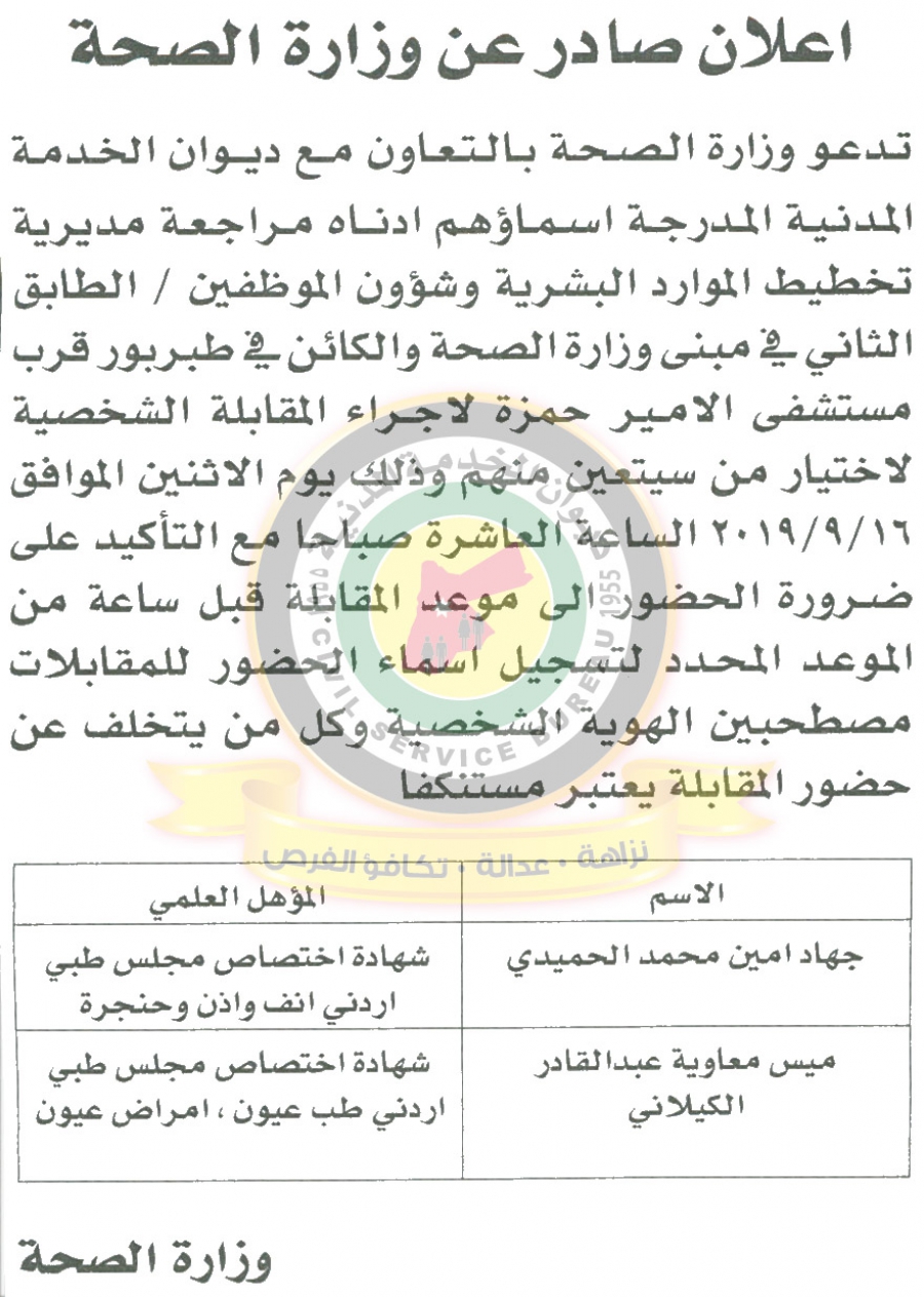 اعلان هام صادر عن ديوان الخدمة المدنية لتعيين موظفين - أسماء