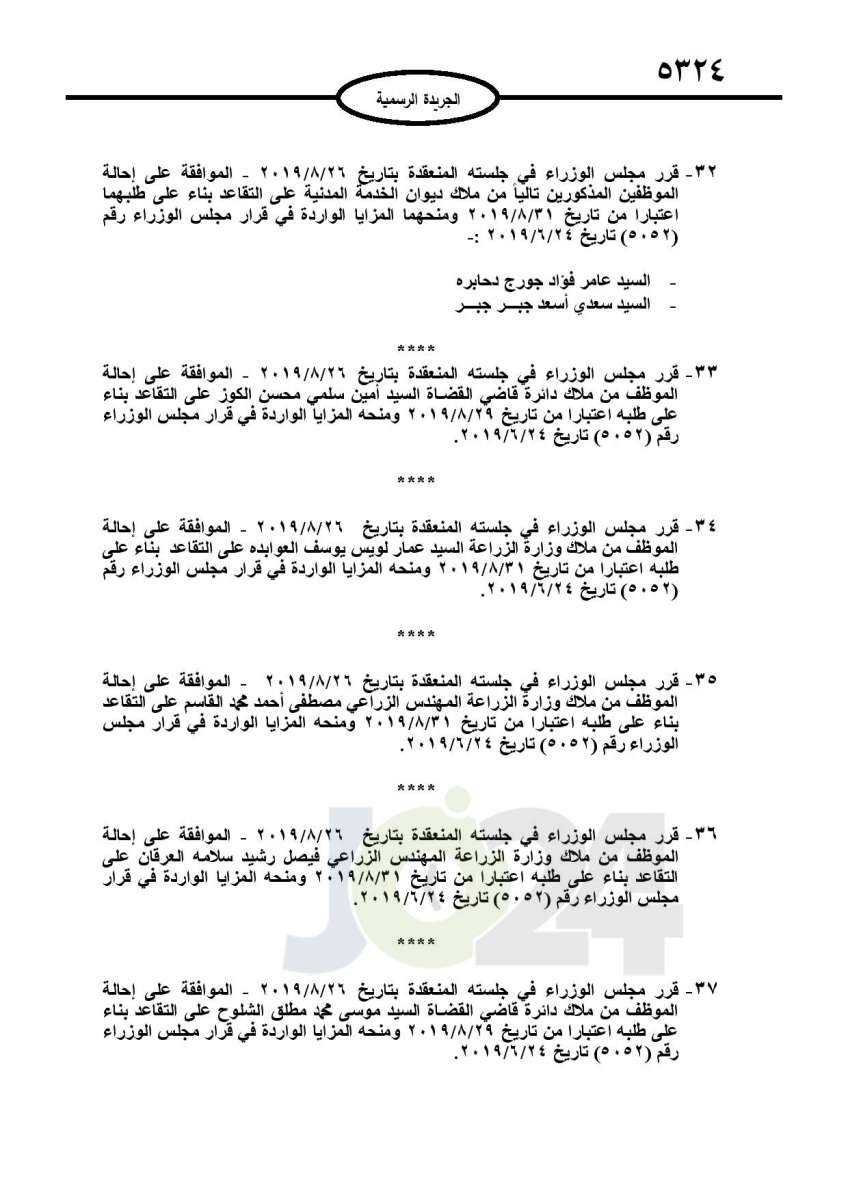 احالات الى التقاعد وانهاء خدمات لموظفين في مختلف الوزارات - اسماء