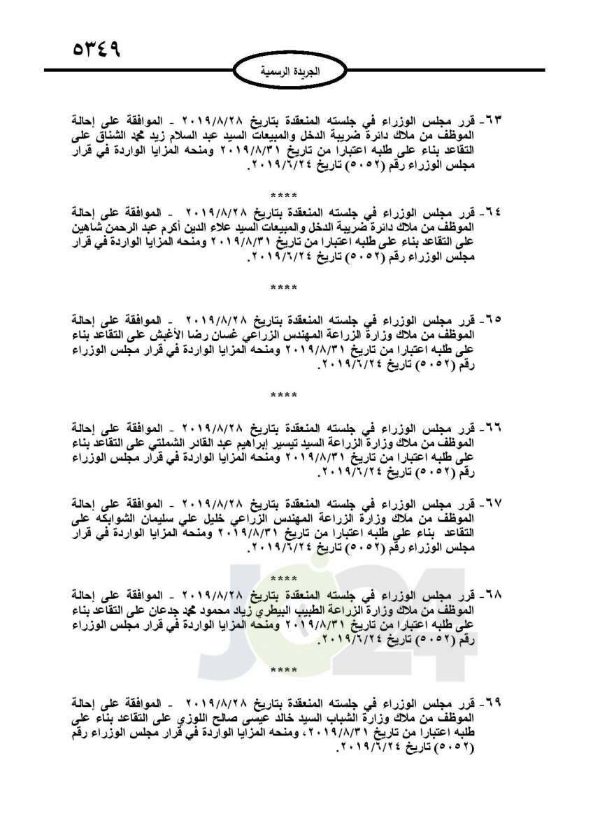 احالات الى التقاعد وانهاء خدمات لموظفين في مختلف الوزارات - اسماء